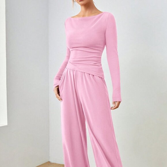 Pink Casual Women's Long Sleeve Blouse And Pants Set - Picture 4 of 6